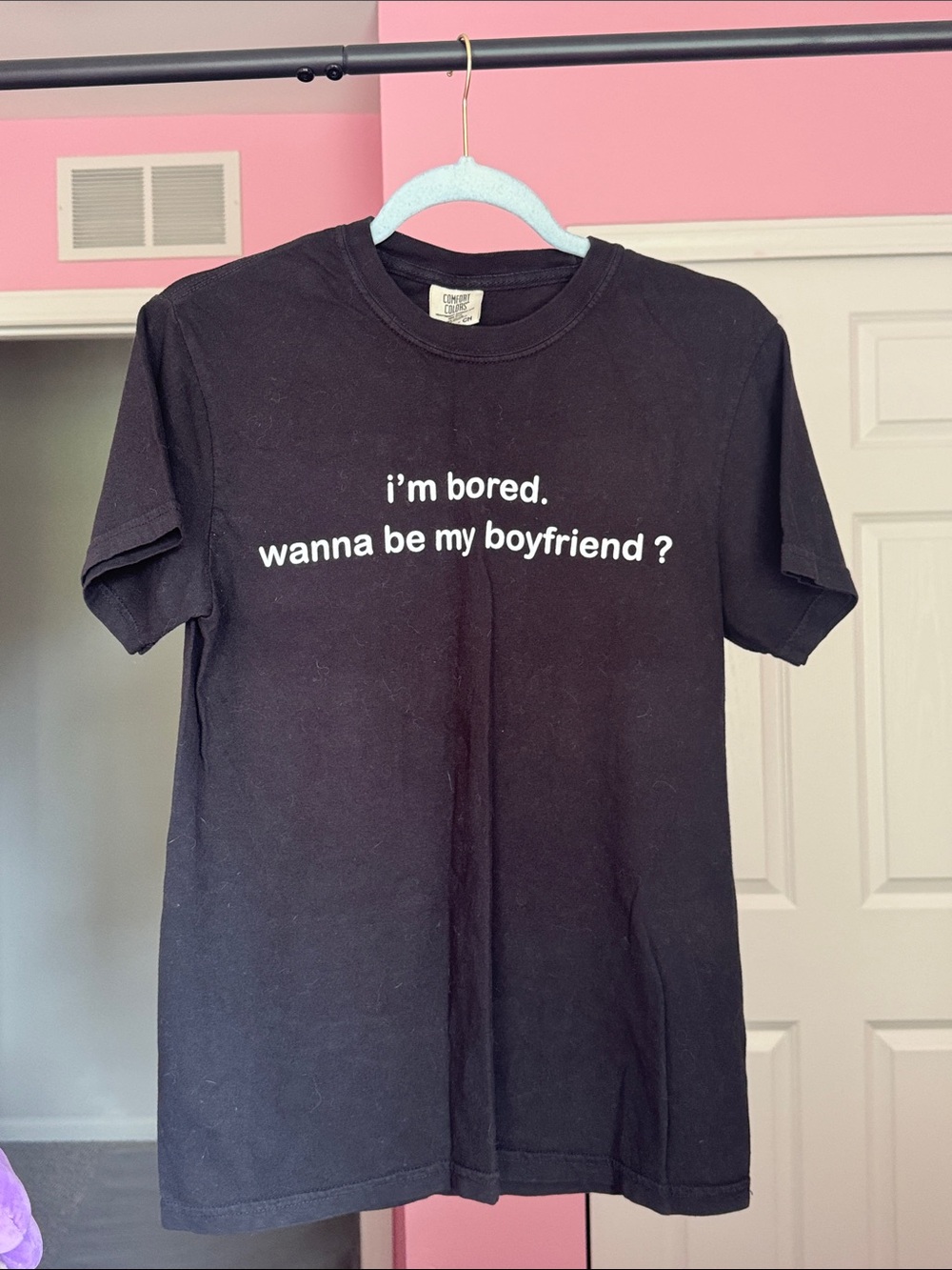Comfort Colors Black Tee with White Text 'i'm bored. wanna be my boyfriend ?'